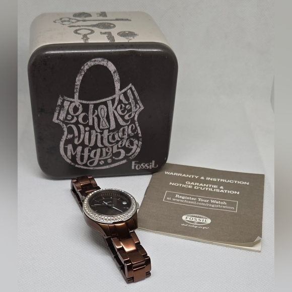 Fossil Accessories - Fossil ES-2963 Women's Crystal Bezel Brown Stainless Steel Watch w/ Box & Manual